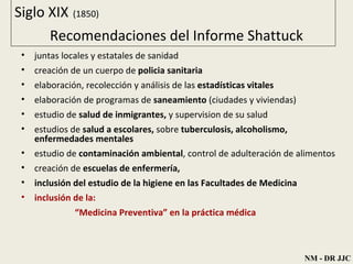 juntas locales y estatales de sanidad creación de un cuerpo de  policia sanitaria elaboración, recolección y análisis de las  estadísticas vitales elaboración de programas de  saneamiento  (ciudades y viviendas) estudio de  salud de inmigrantes,  y supervision de su salud estudios de  salud a escolares,  sobre  tuberculosis, alcoholismo, enfermedades mentales estudio de  contaminación ambiental , control de adulteración de alimentos creación de  escuelas de enfermería, inclusión del estudio de la higiene en las Facultades de Medicina inclusión de la: “ Medicina Preventiva” en la práctica médica Siglo XIX   (1850)     Recomendaciones del Informe Shattuck NM - DR JJC 