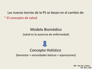 Las nuevas teorías de la PS se basan en el cambio de:  *  El concepto de salud . Modelo Biomédico (salud es la ausencia de enfermedad) Concepto Holístico  (bienestar + necesidades básicas + aspiraciones) UM – Cat. Epi. y Demo.  Od. .San. y Epi . 