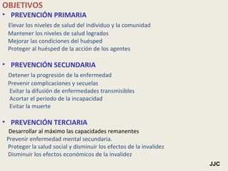 OBJETIVOS PREVENCIÓN PRIMARIA Elevar los niveles de salud del individuo y la comunidad Mantener los niveles de salud logrados Mejorar las condiciones del huésped Proteger al huésped de la acción de los agentes PREVENCIÓN SECUNDARIA Detener la progresión de la enfermedad Prevenir complicaciones y secuelas Evitar la difusión de enfermedades transmisibles Acortar el periodo de la incapacidad Evitar la muerte PREVENCIÓN TERCIARIA Desarrollar al máximo las capacidades remanentes Prevenir enfermedad mental secundaria. Proteger la salud social y disminuir los efectos de la invalidez Disminuir los efectos económicos de la invalidez JJC 
