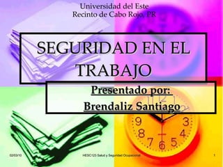 SEGURIDAD EN EL TRABAJO Presentado por:  Brendaliz Santiago 02/03/10 HESC123 Salud y Seguridad Ocupacional Universidad del Este Recinto de Cabo Rojo, PR 