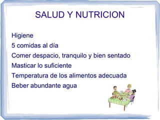 SALUD Y NUTRICION
Higiene
5 comidas al día
Comer despacio, tranquilo y bien sentado
Masticar lo suficiente
Temperatura de los alimentos adecuada
Beber abundante agua
 