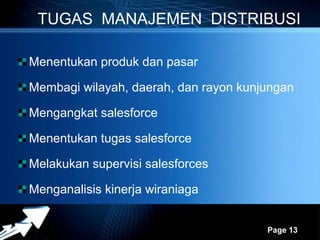 TUGAS MANAJEMEN DISTRIBUSI

Menentukan produk dan pasar

Membagi wilayah, daerah, dan rayon kunjungan

Mengangkat salesforce

Menentukan tugas salesforce

Melakukan supervisi salesforces

Menganalisis kinerja wiraniaga

                Powerpoint Templates
                                       Page 13
 