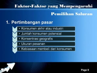 Faktor-Faktor yang Mempengaruhi
                        Pemilihan Saluran
1. Pertimbangan pasar




             Powerpoint Templates
                                    Page 8
 