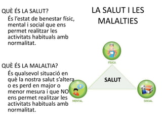LA SALUT I LES
MALALTIES
QUÈ ÉS LA SALUT?
És l’estat de benestar físic,
mental i social que ens
permet realitzar les
activitats habituals amb
normalitat.
QUÈ ÉS LA MALALTIA?
És qualsevol situació en
què la nostra salut s’altera
o es perd en major o
menor mesura i que NO
ens permet realitzar les
activitats habituals amb
normalitat.
SALUT
 