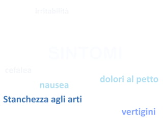 irritabilità

dolore alla schiena

stanchezza

crisi di affanno

SINTOMI
cefalea

nausea
Stanchezza agli arti

dolori al petto

diarrea

vertigini

 