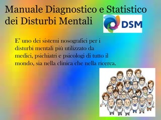 Manuale Diagnostico e Statistico
dei Disturbi Mentali
E’ uno dei sistemi nosografici per i
disturbi mentali più utilizzato da
medici, psichiatri e psicologi di tutto il
mondo, sia nella clinica che nella ricerca.

 