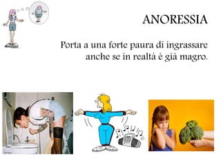 ANORESSIA
Porta a una forte paura di ingrassare
anche se in realtà è già magro.
 