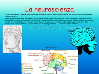 La neuroscienza

Le neuroscienze sono l'insieme degli studi scientificamente condotti sul sistema nervoso. è una scienza interdisciplinare che
collabora con altri.
L'ambito delle neuroscienze si è ampliato per includere diversi approcci utilizzati per studiare gli aspetti molecolari, cellulari,
dello sviluppo, strutturali, funzionali, evoluzionistici, computazionali e medici del sistema nervoso. Si sono ampliate enormemente
anche le tecniche utilizzate dai neuroscienziati, che sono attualmente in grado di studiare dagli aspetti molecolari delle
singole cellule nervose, tramite l'utilizzo di tecniche di imaging cerebrale. Le neuroscienze sono avanzate.

1800

Ai giorni nostri

1500

 