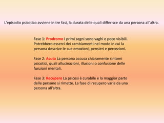 L'episodio psicotico avviene in tre fasi, la durata delle quali differisce da una persona all'altra.

Fase 1: Prodromo I primi segni sono vaghi e poco visibili.
Potrebbero esserci dei cambiamenti nel modo in cui la
persona descrive le sue emozioni, pensieri e percezioni.

Fase 2: Acuta La persona accusa chiaramente sintomi
psicotici, quali allucinazioni, illusioni o confusione delle
funzioni mentali.
Fase 3: Recupero La psicosi è curabile e la maggior parte
delle persone si rimette. La fase di recupero varia da una
persona all'altra.

 