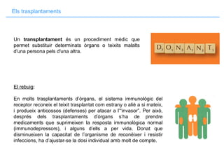 Els trasplantaments
El rebuig:
En molts trasplantaments d’òrgans, el sistema immunològic del
receptor reconeix el teixit trasplantat com estrany o aliè a si mateix,
i produeix anticossos (defenses) per atacar a l’“invasor”. Per això,
després dels trasplantaments d’òrgans s’ha de prendre
medicaments que suprimeixen la resposta immunològica normal
(immunodepressors), i alguns d’ells a per vida. Donat que
disminueixen la capacitat de l’organisme de reconèixer i resistir
infeccions, ha d’ajustar-se la dosi individual amb molt de compte.
Un transplantament és un procediment mèdic que
permet substituir determinats òrgans o teixits malalts
d'una persona pels d'una altra.
 