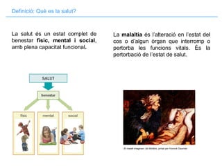 La salut és un estat complet de
benestar físic, mental i social,
amb plena capacitat funcional.
Definició: Què es la salut?
La malaltia és l’alteració en l’estat del
cos o d’algun òrgan que interromp o
pertorba les funcions vitals. És la
pertorbació de l’estat de salut.
El malalt imaginari, de Molière, pintat per Honoré Daumier
 