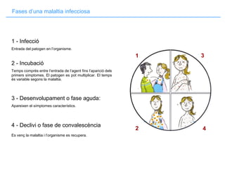 Fases d’una malaltia infecciosa
1
2
3
4
1 - Infecció
Entrada del patogen en l’organisme.
2 - Incubació
Temps comprès entre l’entrada de l’agent fins l’aparició dels
primers símptomes. El patogen es pot multiplicar. El temps
és variable segons la malaltia.
3 - Desenvolupament o fase aguda:
Apareixen el símptomes característics.
4 - Declivi o fase de convalescència
Es venç la malaltia i l’organisme es recupera.
 