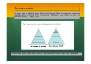 Los activos en salud:
Un activo para la salud se puede definir como cualquier factor o recurso que potencie la
capacidad de los individuos, de las comunidades y poblaciones para mantener la salud y el
bienestar. (Morgan A. Ziglio E. 2008).

Trabajando los activos para la salud individual y descubriendo los activos para la salud comunitarios

 