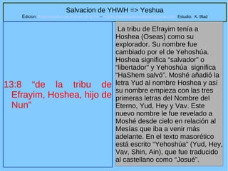 1
Salvacion de YHWH => Yeshua
Edicion: Regresando a las Raices de la Fe – regresandoalasraicesdelafe@gmail.com Estudio: K. Blad
13:8 “de la tribu de
Efrayim, Hoshea, hijo de
Nun”
La tribu de Efrayim tenía a
Hoshea (Oseas) como su
explorador. Su nombre fue
cambiado por el de Yehoshúa.
Hoshea significa “salvador” o
“libertador” y Yehoshúa significa
“HaShem salvó”. Moshé añadió la
letra Yud al nombre Hoshea y así
su nombre empieza con las tres
primeras letras del Nombre del
Eterno, Yud, Hey y Vav. Este
nuevo nombre le fue revelado a
Moshé desde cielo en relación al
Mesías que iba a venir más
adelante. En el texto masorético
está escrito “Yehoshúa” (Yud, Hey,
Vav, Shin, Ain), que fue traducido
al castellano como “Josué”.
 