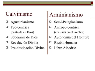 Calvinismo Agustinianismo Teo-céntrica (centrada en Dios) Soberanía de Dios Revelación Divina Pre-destinación Divina Semi-Pelagianismo Antropo-céntrica (centrada en el hombre) Autonomía del Hombre Razón Humana Libre Albedrío Arminianismo 