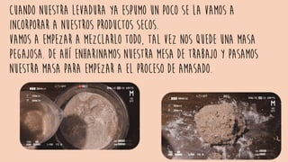 Cuando nuestra levadura ya espumo un poco se la vamos a
incorporar a nuestros productos secos.
Vamos a empezar a mezclarlo todo, tal vez nos quede una masa
pegajosa. De ahí enharinamos nuestra mesa de trabajo y pasamos
nuestra masa para empezar a el proceso de amasado.
 