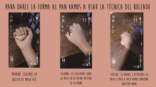 Para darle la forma al pan vamos a usar la técnica del boleado
Primero: cogemos la
bolita de masa así
Segundo: lo colocamos sobre
la mesa en la misma postura
de la mano
Tercero: estiramos y retraemos la
masa y poco a poco vamos abriendo
nuestra mano
 