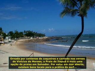 Ornada por centenas de coqueiros e cantada nos versos de Vinícius de Moraes, a Praia de Itapuã é mais uma opção de praias em Salvador. Por estar em mar aberto, existem bons locais para a prática do surf... 