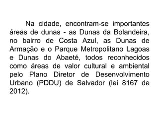 Na cidade, encontram-se importantes
áreas de dunas - as Dunas da Bolandeira,
no bairro de Costa Azul, as Dunas de
Armação e o Parque Metropolitano Lagoas
e Dunas do Abaeté, todos reconhecidos
como áreas de valor cultural e ambiental
pelo Plano Diretor de Desenvolvimento
Urbano (PDDU) de Salvador (lei 8167 de
2012).

 