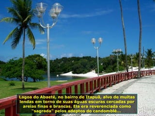 Lagoa do Abaeté, no bairro de Itapuã, alvo de muitas lendas em torno de suas águas escuras cercadas por areias finas e brancas. Ela era reverenciada como “sagrada” pelos adeptos do candomblé...  