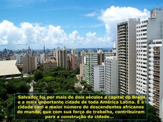 Salvador foi por mais de dois séculos a capital do Brasil e a mais importante cidade de toda América Latina. É a cidade com o maior número de descendentes africanos do mundo, que com sua força de trabalho, contribuíram para a construção da cidade...  