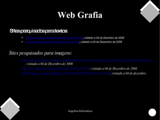 Web Grafia Sites pesquisados para textos: http://pt.wikipedia.org/wiki/Salvador_Dal%C3%AD ;  visitado a 04 de Dzembro de 2008 http://www.vidaslusofonas.pt/salvador_dali.htm ;  visitado a 04 de Dezembro de 2008 Sites pesquisados para imagens: http://images.google.pt/imgres?imgurl=http://www.filosofia.com.pt/iquest/freud_inc/dali/o-eco-da-vazio.jpg&imgrefurl=http://www.filosofia.com.pt/iquest/freud_inc/dali/p3.html&usg=__czAdFng3N_eSdp4rG_s3CY3T1ro=&h=438&w=550&sz=35&hl=pt-PT&start=2&um=1&tbnid=-aQpnLs96WaDYM:&tbnh=106&tbnw=133&prev=/images%3Fq%3Dovos%2Bestrelados%2Bsem%2Bo%2Bprato%2Bsalvador%2Bdali%26um%3D1%26hl%3Dpt-PT ; visitado a 04 de Dezembro de 2008 http://pt.wikipedia.org/wiki/Salvador_Dal%C3%AD ; visitado a 04 de Dezembro de 2008 http://images.google.pt/images?um=1&hl=pt-PT&q=salvador+dali ; visitado a 04 de dezembro 