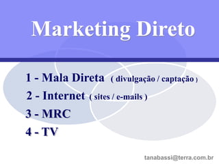 Marketing Direto

1 - Mala Direta ( divulgação / captação )
2 - Internet ( sites / e-mails )
3 - MRC
4 - TV

                    30 / 99       tanabassi@terra.com.br
                              tanabassi@terra.com.br
                                       tanabassi@terra.com.br
 
