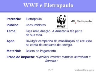 WWF e Eletropaulo

Parceria:   Eletropaulo
Publico:    Consumidores
Tema:       Faça uma doação. A Amazônia faz parte
            da sua vida.
Ação:       Divulgar campanha de mobilização de recursos
            na conta do consumo de energia.
Material:   Boleto de Pagamento
Frase de impacto: “Opiniões erradas também derrubam a
                          floresta.”

                            39 / 99         tanabassi@terra.com.br
 