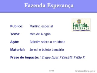Fazenda Esperança


Publico:     Mailling especial

Tema:        Mês de Alegria

Ação:        Boletim sobre a entidade

Material:    Jornal e boleto bancário

Frase de impacto: “ O que fazer ? Desistir ? Não !”


                           42 / 99          tanabassi@terra.com.br
 