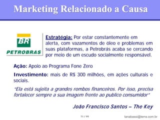 Marketing Relacionado a Causa

              Estratégia: Por estar constantemente em
              alerta, com vazamentos de óleo e problemas em
              suas plataformas, a Petrobrás acaba se cercando
              por meio de um escudo socialmente responsável.

Ação: Apoio ao Programa Fone Zero
Investimento: mais de R$ 300 milhões, em ações culturais e
sociais.
“Ela está sujeita a grandes rombos financeiros. Por isso, precisa
fortalecer sempre a sua imagem frente ao publico consumidor”

                           João Francisco Santos – The K ey
                               71 / 99             tanabassi@terra.com.br
 