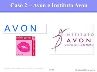 Caso 2 – Avon e Instituto Avon



AVON
                                                                           Instituto Avon /
                                                                           Campanha de
                                                                            Câncer de mama




Pesquisa: Enfoque Pesquisa e Mkt / IDIS / Full Jazz Comunidade
                                                                 88 / 99            tanabassi@terra.com.br
 