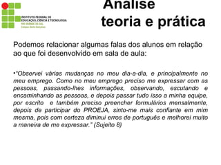 Análise    teoria e prática   Podemos relacionar algumas falas dos alunos em relação ao que foi desenvolvido em sala de aula: “ Observei várias mudanças no meu dia-a-dia, e principalmente no meu emprego. Como no meu emprego preciso me expressar com as pessoas, passando-lhes informações, observando, escutando e encaminhando as pessoas, e depois passar tudo isso a minha equipe, por escrito  e também preciso preencher formulários mensalmente, depois de participar do PROEJA, sinto-me mais confiante em mim mesma, pois com certeza diminui erros de português e melhorei muito a maneira de me expressar.” (Sujeito 8) 