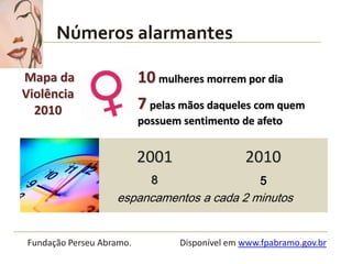 1     Números alarmantes

Mapa da                   10 mulheres morrem por dia
Violência
  2010                    7 pelas...