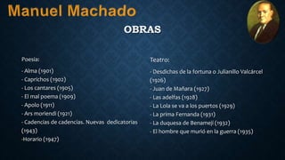 OBRAS
Teatro:
- Desdichas de la fortuna o Julianillo Valcárcel
(1926)
- Juan de Mañara (1927)
- Las adelfas (1928)
- La Lola se va a los puertos (1929)
- La prima Fernanda (1931)
- La duquesa de Benamejí (1932)
- El hombre que murió en la guerra (1935)
Poesia:
- Alma (1901)
- Caprichos (1902)
- Los cantares (1905)
- El mal poema (1909)
- Apolo (1911)
- Ars moriendi (1921)
- Cadencias de cadencias. Nuevas dedicatorias
(1943)
-Horario (1947)
 