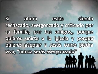 Si ahora estás siendo rechazado, avergonzado y criticado por tu familia, por tus amigos,, porque quieres unirte a la iglesia y porque quieres aceptar a Jesús como piedra viva, “nunca serás avergonzado”