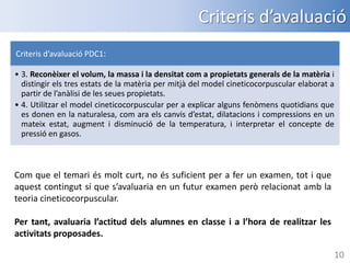 Criteris d’avaluació
Criteris d’avaluació PDC1:
• 3. Reconèixer el volum, la massa i la densitat com a propietats generals de la matèria i
distingir els tres estats de la matèria per mitjà del model cineticocorpuscular elaborat a
partir de l’anàlisi de les seues propietats.
• 4. Utilitzar el model cineticocorpuscular per a explicar alguns fenòmens quotidians que
es donen en la naturalesa, com ara els canvis d’estat, dilatacions i compressions en un
mateix estat, augment i disminució de la temperatura, i interpretar el concepte de
pressió en gasos.

Com que el temari és molt curt, no és suficient per a fer un examen, tot i que
aquest contingut sí que s’avaluaria en un futur examen però relacionat amb la
teoria cineticocorpuscular.
Per tant, avaluaria l’actitud dels alumnes en classe i a l’hora de realitzar les
activitats proposades.
10

 