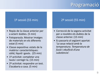 Programació
1º sessió (55 min)
• Repàs de la classe anterior per
a aclarir dubtes. (5 min)
• Fotoparaula. Mostrar imatges
de materials en els diferents
estat (5 min)
• Classe expositiva: estats de la
matèria i característiques:
sòlid, líquid i gasós. (25 min)
• 1º activitat: completar una
taula i corregir-la. (15 min)
• 2º activitat: respondre un test.
S’acabaria a casa. (5 min)

2º sessió (55 min)
• Correcció de la segona activitat
per a resoldre els dubtes de la
classe anterior. (15 min)
• Es passaria al següent apartat:
‘La seua relació amb la
temperatura. Temperatura de
fusió i ebullició d’una
substància’.

9

 