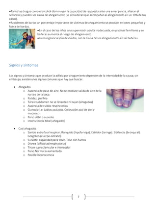 7
Tanto las drogas como el alcohol disminuyen la capacidad de respuesta ante una emergencia, alteran el
sensorio y pueden ser causa de ahogamiento (se consideran que acompañan al ahogamiento en un 10% de los
casos).
Accidentes de barco: un porcentaje importante de víctimas de ahogamiento se produce en botes pequeños y
fuera de bordas.
En el caso de los niños una supervisión adulta inadecuada, en piscinas familiares y en
bañeras aumenta el riesgo de ahogamiento
La no vigilancia y los descuidos, son la causa de los ahogamientos en las bañeras.
Signos y síntomas
Los signos y síntomas que produce la asfixia por ahogamiento dependen de la intensidad de la causa; sin
embargo, existen unos signos comunes que hay que buscar.
 Ahogados
o Ausencia de paso de aire. No se produce salida de aire de la
nariz o de la boca.
o Palidez, piel fría
o Tórax y abdomen no se levantan ni bajan (ahogados)
o Ausencia de ruidos respiratorios
o Cianosis (i.e. Labios azulados. Coloración azul de piel y
mucosas)
o Pulso débil o ausente
o inconsciencia total (ahogados)
 Casi ahogados
o Sonido extraño al respirar. Ronquido (hipofaringe). Estridor (laringe). Sibilancia (bronquial).
Gorgoteo (cuerpo extraño)
o Si existe, capacidad para toser. Tose con fuerza
o Disnea (dificultad respiratoria)
o Tiraje supraclavicular e intercostal
o Pulso Normal o aumentado
o Posible inconsciencia
 