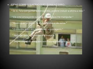 COMO ABORDAR A VÍTIMA?             Focalize nos aspectos positivos  da pessoa, fazendo-a falar sobre como problemas anteriores foram resolvidos sem recorrer ao suicídio. É uma forma de motivá-la e ao mesmo tempo recuperar a confiança em si mesma.            O profissional de emergência deve focalizar na ambivalência sentida pelo indivíduo em risco  de suicídio entre viver e morrer, até que gradualmente o desejo de viver se fortalece.            Tente explorar as várias alternativas ao suicídio, até aquelas que podem não ser soluções ideais, na esperança de que a pessoa vá considerar ao menos uma delas.            Faça um contrato, negocie, aqui é o momento para usar a força do vínculo existente entre você e a vítima. Extraia uma promessa sincera do indivíduo de que ele(a) não vá cometer suicídio:        sem que se comunique com você;       por um período específico.             O objetivo é ganhar tempo até que a equipe consiga montar um plano de intervenção.             Negocie com sinceridade, explique e peça aval da vítima para todas as medidas a serem tomadas.             Tente conseguir permissão da vítima para recrutar quem possa ajudá-la, em geral alguém de sua confiança e depois entre em contato com essa pessoa.              Mesmo que a permissão não seja dada, tente localizar alguém que seria particularmente compreensivo com o indivíduo. Procure, dentro do possível preservar o sigilo da vítima.