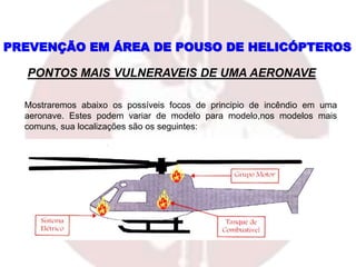 PONTOS MAIS VULNERAVEIS DE UMA AERONAVE
PREVENÇÃO EM ÁREA DE POUSO DE HELICÓPTEROS
Mostraremos abaixo os possíveis focos de principio de incêndio em uma
aeronave. Estes podem variar de modelo para modelo,nos modelos mais
comuns, sua localizações são os seguintes:
 
