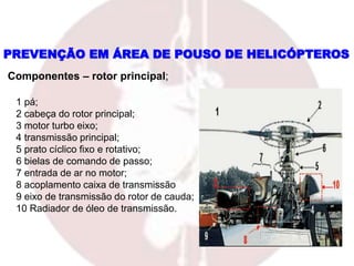 1 pá;
2 cabeça do rotor principal;
3 motor turbo eixo;
4 transmissão principal;
5 prato cíclico fixo e rotativo;
6 bielas de comando de passo;
7 entrada de ar no motor;
8 acoplamento caixa de transmissão
9 eixo de transmissão do rotor de cauda;
10 Radiador de óleo de transmissão.
PREVENÇÃO EM ÁREA DE POUSO DE HELICÓPTEROS
Componentes – rotor principal;
 