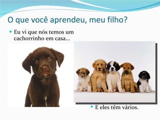 O que você aprendeu, meu filho? Eu vi que nós temos um cachorrinho em casa... E eles têm vários. 