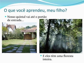 O que você aprendeu, meu filho? Nosso quintal vai até o portão de entrada... E eles têm uma floresta inteira. 