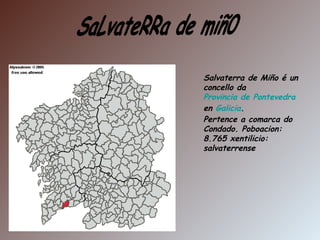 SaLvateRRa de miñ0 Salvaterra de Miño é un concello da  Provincia de Pontevedra  en  Galicia . Pertence a comarca do Condado. Poboacion: 8.765 xentilicio: salvaterrense 