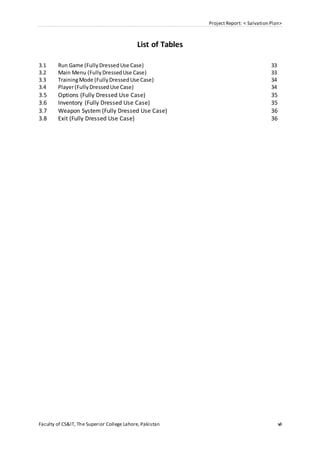 Project Report: < Salvation Plan>
Faculty of CS&IT, The Superior College Lahore, Pakistan vi
List of Tables
3.1 Run Game (FullyDressedUse Case) 33
3.2 Main Menu (FullyDressedUse Case) 33
3.3 TrainingMode (FullyDressedUse Case) 34
3.4 Player(FullyDressedUse Case) 34
3.5 Options (Fully Dressed Use Case) 35
3.6 Inventory (Fully Dressed Use Case) 35
3.7 Weapon System (Fully Dressed Use Case) 36
3.8 Exit (Fully Dressed Use Case) 36
 