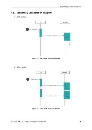Project Report: < Salvation Plan>
Faculty of CS&IT, The Superior College Lahore, Pakistan 6
4.5. Sequence / Collaboration Diagram
 Start Game:
Figure 17 - Start Game Sequence Diagram
 Select Mode:
Figure 18 - Select Mode Sequence Diagram
 