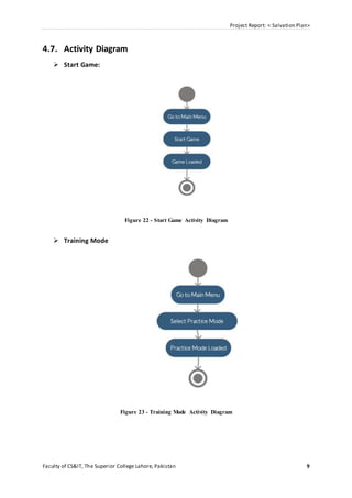 Project Report: < Salvation Plan>
Faculty of CS&IT, The Superior College Lahore, Pakistan 9
4.7. Activity Diagram
 Start Game:
Figure 22 - Start Game Activity Diagram
 Training Mode
Figure 23 - Training Mode Activity Diagram
 