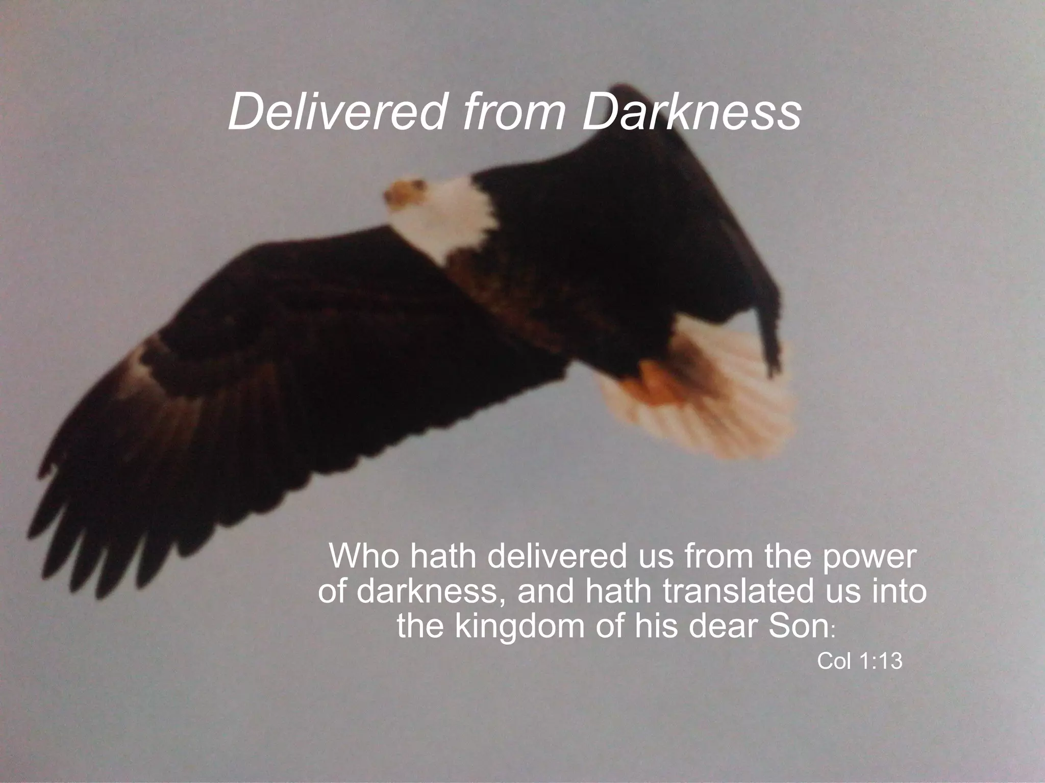 Delivered from Darkness Who hath delivered us from the power of darkness, and hath translated us into the kingdom of his dear Son :    Col 1:13 