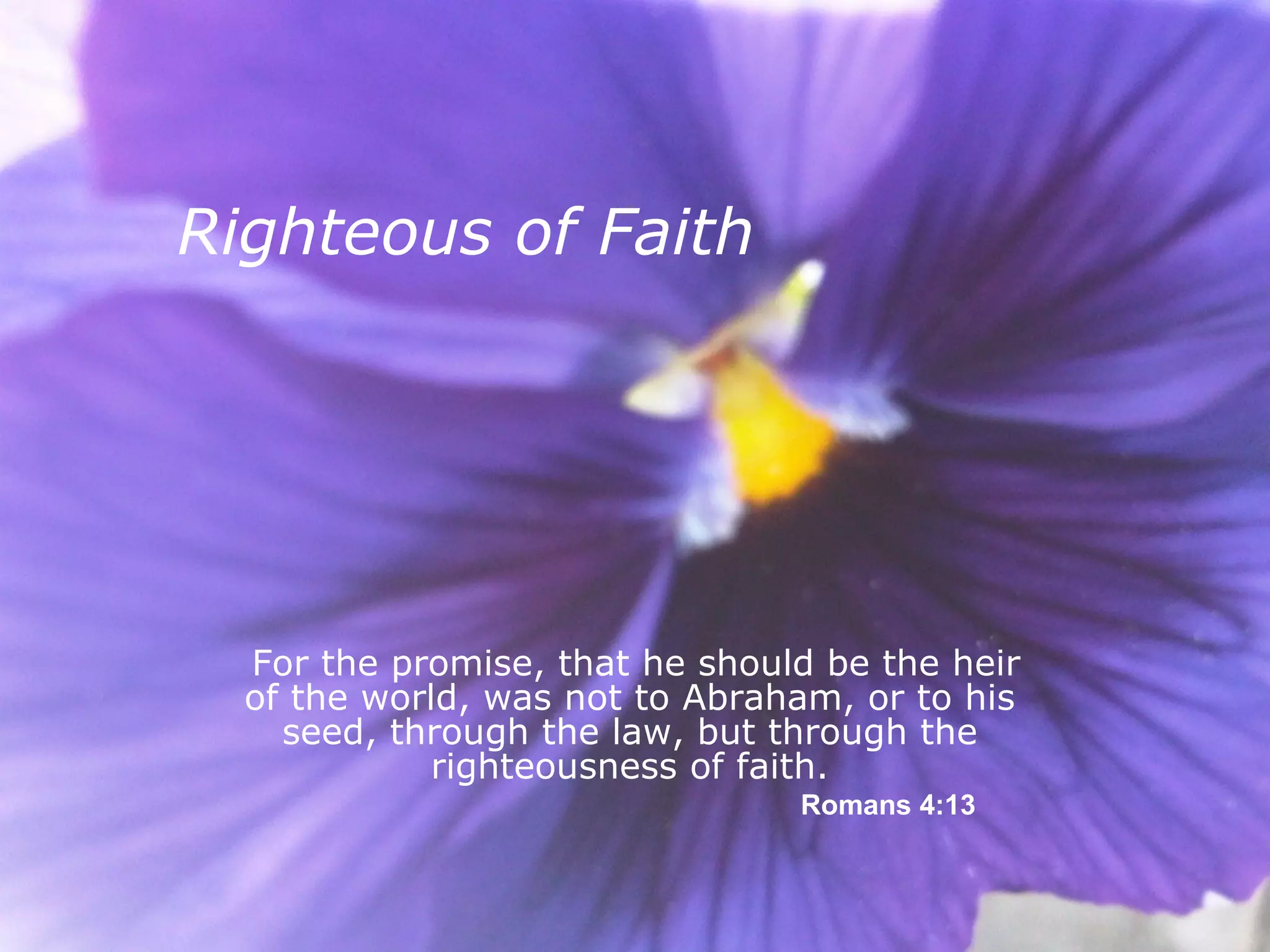 Righteous of Faith     For the promise, that he should be the heir of the world, was not to Abraham, or to his seed, through the law, but through the righteousness of faith.   Romans 4:13 