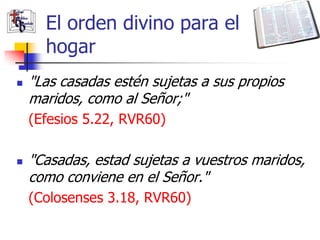 El orden divino para el
      hogar
   "Las casadas estén sujetas a sus propios
    maridos, como al Señor;"
    (Efesios 5.22, RVR60)

   "Casadas, estad sujetas a vuestros maridos,
    como conviene en el Señor."
    (Colosenses 3.18, RVR60)
 